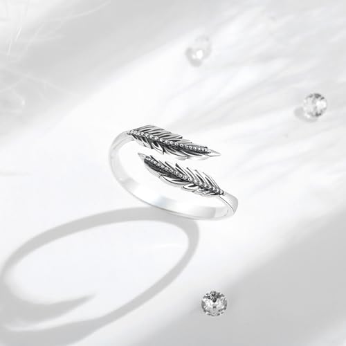 Vito 925 Sterling Silver Adjustable Open Spoon Ring for Women Men, Lotus Sunflower Snake Spoon Band Rings Feather Hug Witches Knot Inspirational Jewelry Gift for Wife - style: Feather-1