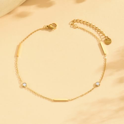 Anklet Bracelets for Women 18K Gold Plated Tennis Anklets Dainty Sapphire Paperclip Pearl Sequin Droplet Adjustable Large Anklet Bracelets Simple Beach Summer Waterproof Foot Jewelry - color: Bar CZ-Gold