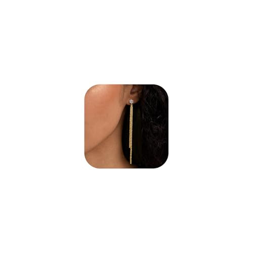 Robaice Gold Long Prom Earrings for Women, 14K Gold Plated Pearl Dangle Drop and Chain Tassel Threader Earrings Dangling，Rhinestone Zirconia Hypoallergenic Bride Party Prom Gold jewelry，Women Gifts - style: D-CZ dangle drop tassel