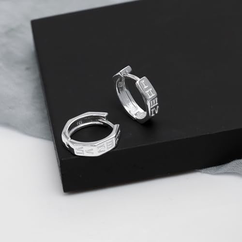 LeCalla 925 Sterling Silver Small Huggie Hoop Earrings for Men | Retro Style Engraved Roman Number Geometric Hoops Earring 15MM