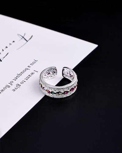 Silver Filigree Colourful Cubic Zirconia Rings for Women Unique Vintage Rainbow Stone Rings Gifts for Girlfriend