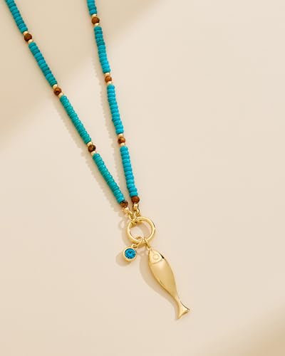 Gold Fish Necklace For Women Blued Beaded Strand Toggle Necklace With Gold Fish Pendants Dainty Summer Beach Turquoise Jewelry - style: Cute Fish
