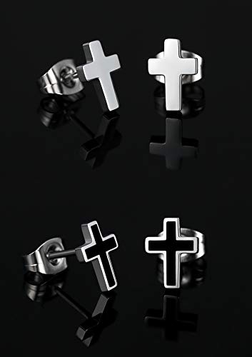 REVEMCN 925 Sterling Silver and Stainless Steel Cross Stud Earrings for Women Men, 3 Pairs - color: 3 Pairs