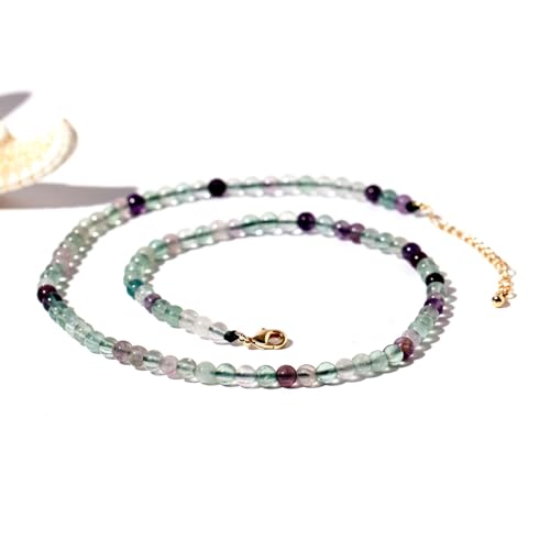 Simple Choker Necklace for Women Real Stone and Crystals Necklaces 4mm Beaded Choker Jewelry Meditation Gift for Women (16"+2") - style: Fluorite