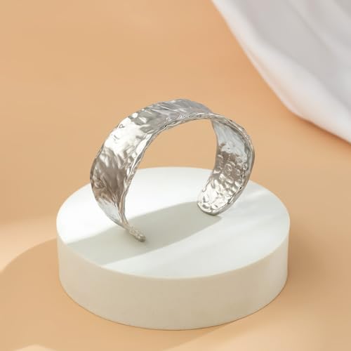 COLORFUL BLING Minimalist Hammered Irregular Cuff Bracelets for Women Open Wide Chunky Cuff Statement Wrap Bangle Bracelet - color: chunky silver