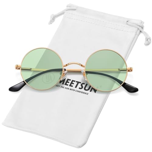 MEETSUN Small Round Polarized Sunglasses for Men Women Metal Retro Hippie Circle Sun Glasses Driving Festival Cosplay UV400 - color: Gold / Green