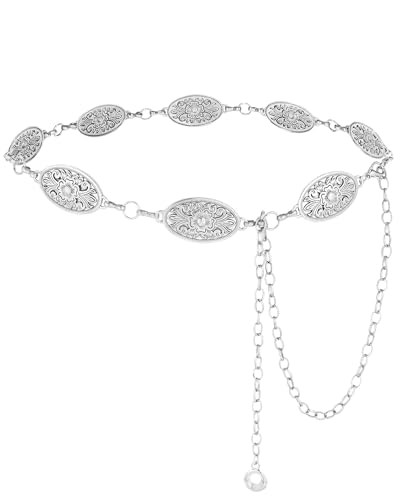 AWAYTR Chain Belt for Women – Adjustable Boho Metal Waist Chain Belt Gold Sliver for Dresses Jeans Country Concert Outfit - color: Sliver-floral Oval
