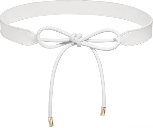 Women PU Leather Tie Waist Belts Knotted Thin Skinny Rope Waistband - color: White