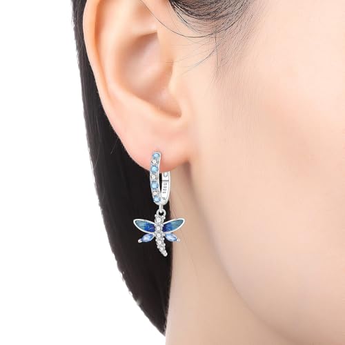 925 Sterling Silver Dangle Earrings for Women, Butterfly&Bee Animals Design, Hypoallergenic Jewelry gifts - color: Colorful Dragonfly Earrings - Blue