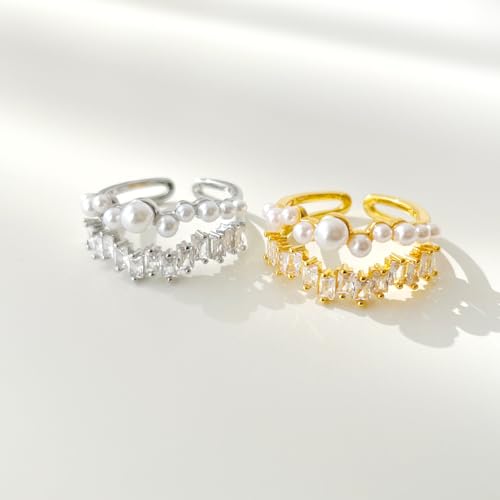Vintage Crystal Pearl Ring Adjustable Shiny Rhinestone Wrapped Ring Layered Cocktail Knuckle Finge Rings Irregular Pearl Open Band Rings Jewelry Gifts - color: Gold