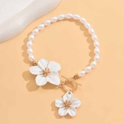 Flower Anklets for Women Trendy Flower Ankle Bracelet Boho Floral Anklet Summer Beach Anklets Jewelry for Women - color: Pearl Chain White