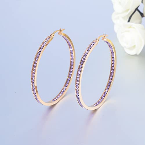 CiNily Mult-colors Crystal Stainless Steel Hoop Earring for Women Hypoallergenic Jewelry for Sensitive Ears Large Big Hoop Earrings 2" - color: Gold-Purple