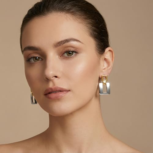 MUYAN Gold Silver Geometric Drop Dangle Earrings for Women Brushed Link Square Dangle Earrings Trendy Jewelry - color: C Gold Silver