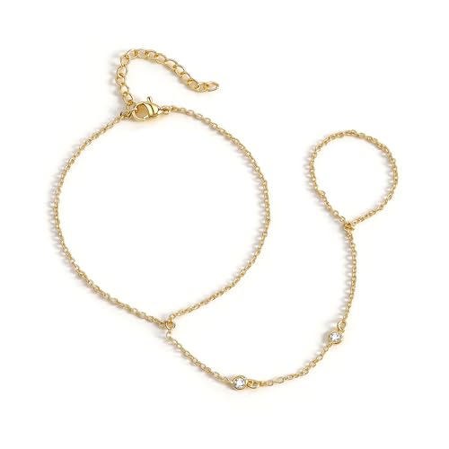 BAYLAY Hand Chain Bracelet, 14K Gold Plated Ring Bracelet Hand Chain Dainty Gold Bracelet for Women Trendy Finger Ring Slave Bracelets Hand Jewelry for Women Summer Beach Boho Gifts Trendy Stuff - color: 2CZ-7mm