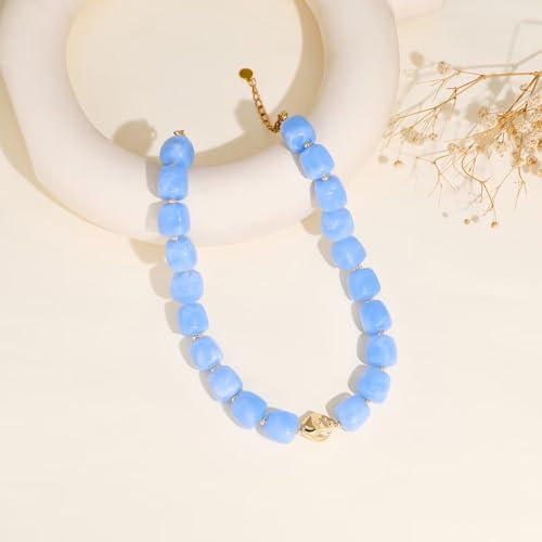 Colorful Chunky Necklaces for Women Multicolored Large Square Acrylic Beads Necklace Trendy Bold Statement Beaded Necklace Summer Vacation Choker Jewelry - color: Sky-blue