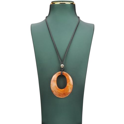 PU Leather Necklace Vintage Boho Style Multilayer Pendant Long Sweater Necklace Jewelry for Women Men with Adjustable Leather Cord - color: Orange Oval Ring Imitation Jade Necklace