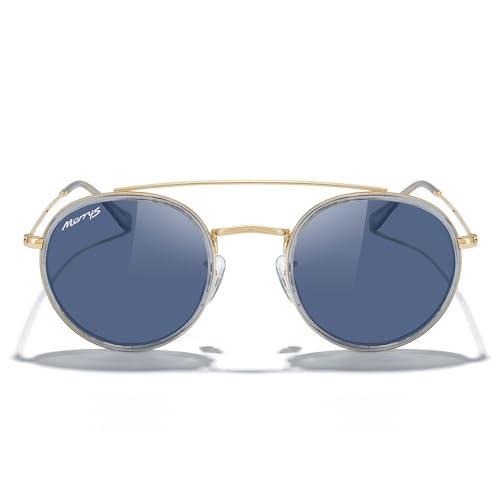 MERRY'S Retro Round Polarized Sunglasses - Unisex Double Bridge Sun Glasses - color: Tra Gray Frame/Gold Bridge/Blue Lens