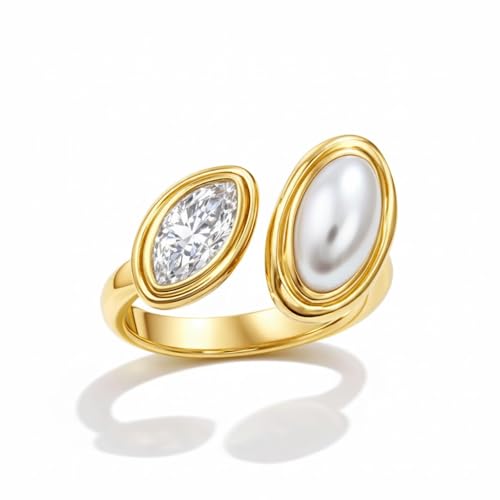 Mchic Adjustable Chunky Rings for Women: Dainty Natural Gemstone Ring Stainless Steel 18K Gold/Silver Plated Band Rings Non Tarnish Waterproof Statement Fashion Jewelry Gift for Women - color: Gold+Mother Pearl+Cubic Zirconia