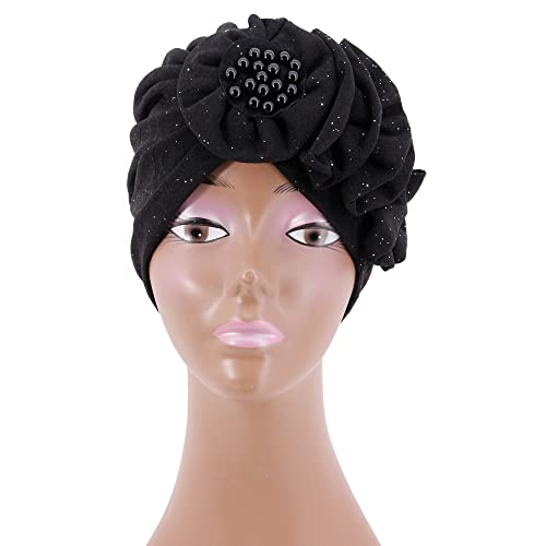Erinaco Women Sparkle Sequin African Turban Bow Knot Pre-Tied Cap Pleated Ruffle Bonnet Beanie Hat Headwrap Skull Caps - color: Beaded Black