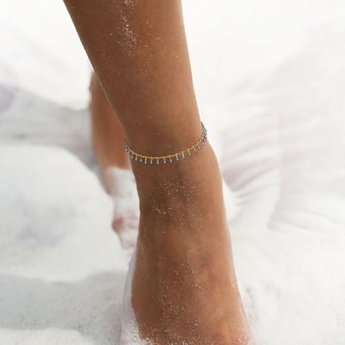 MTMY Gold Anklets for Women 14K Gold Plated Tiny Bead Anklet Colorful Tassel Foot Chain Dainty Adjustable Cute Summer Beach Boho Anklets Jewelry Gift - style: lake blue