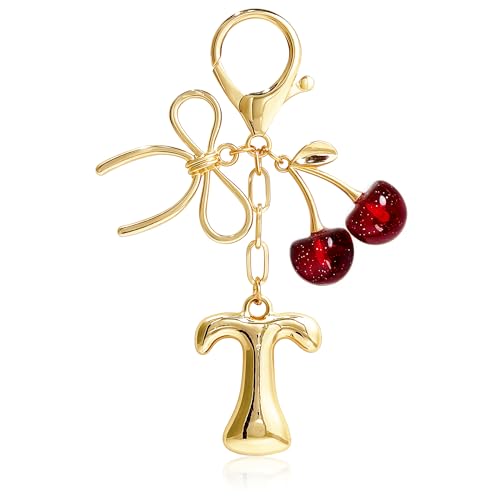 Cute Initial Cherry, Bow, Heart & More Styles - Personalized Keychain Bag Charms & Purse Accessories for Handbags - color: Red Cherry, style: T
