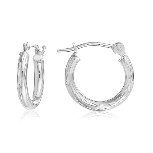10K White Gold Hand Engraved Full Diamond-cut Round Hoop Earrings, Secure Latch Back Closure - style: 13mm