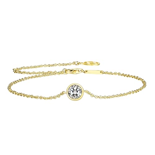 NOKMIT Solid 925 Sterling Silver Bracelets for Women, Dainty Interlocking Circles Cubic Zirconia Adjustable Chain Bracelet, Trendy Stackable Link Bracelets, Simple Cute Jewelry Gifts - color: Gold Bezel-Set CZ