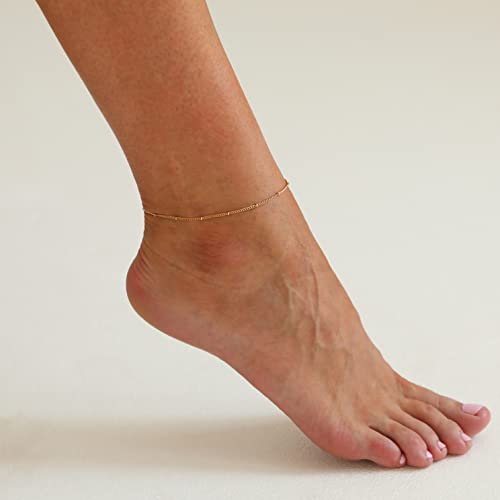 Dainty Ankle Bracelets for Women 18K Gold Plated Satellite Beaded Herringbone Lip Chain Anklets Simple Minimalist Summer Beach Foot Jewelry Christmas Gifts - color: Satellite-Gold