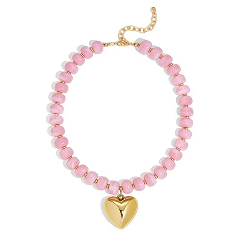 WOWORAMA Chunky Heart Necklaces for Women Colorful Resin Beaded Choker Necklace Gold Puffy Heart Statement Necklace Trendy Acrylic Choker Jewelry - color: Pink