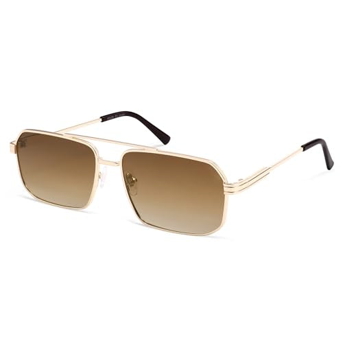 SOJOS Retro Polarized Square Sunglasses for Women Men Vintage Large Double Bridge UV Protection Metal Sun Glasses SJ1246 - color: Gold/Brown Grading
