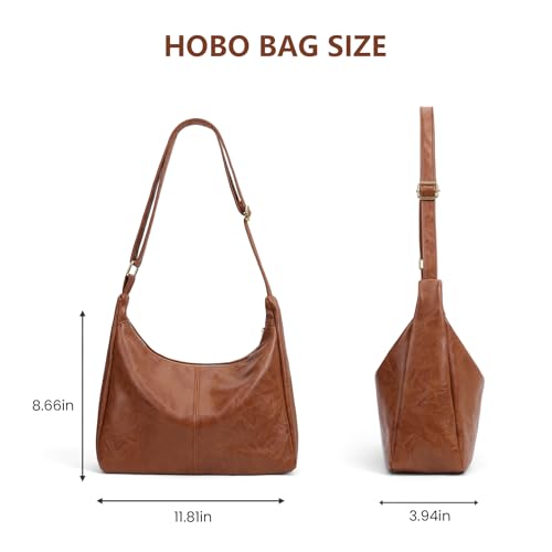 Brown Shoulder Bag for Women,Brown Leather Purse Slouchy Hobo Bags Everyday Purse Daily Commuting Bag with Zipper - color: Light Brown