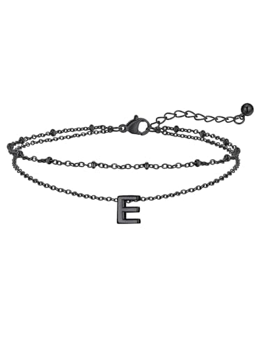 FaithHeart Initial Ankle Bracelets for Women, Waterproof 14k Gold Plated Initial Anklets Non Tarnish Stainless Steel Cute Layered Anklet Summer Beach Jewelry - color: Black, size: Initial E
