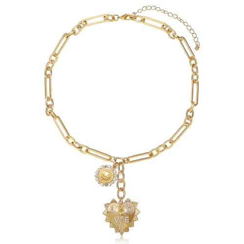 Gold Love Heart Sun Charm Chunky Paperclip Chain for Women Trendy 18K Gold Plated Coin Sunflower Pendant Choker Necklace Hip Hop Jewelry Gifts for Her - style: LOVE HEART, SUN