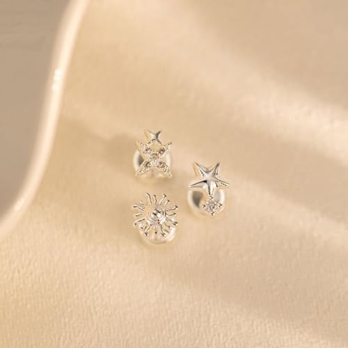 VRIUA 20G Tiny Flat Back Earrings for Women - 14K Gold/Silver Plated Small Flat Back Stud Earrings Hypoallergenic Cartilage Helix Piercing Jewelry - color: 5/6/7mm-Stars Sun Flat Silver