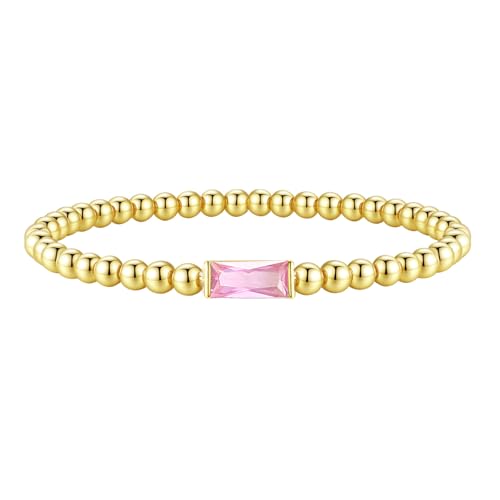 FUNEIA Birthstone Gold Beaded Bracelets for Women Non Tarnish Trendy Dainty 14K Gold Plated Cute Stackable Bead Stretch Friendship Bracelet Stack for Best Friend Couples Birthday Gifts Jewelry - color: 10. October(Tourmaline Bracelet), size: 7.5 Inches