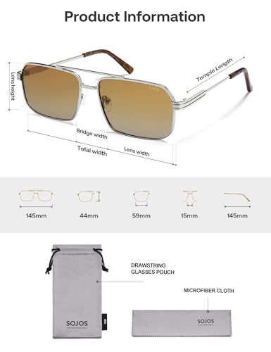 SOJOS Retro Polarized Square Sunglasses for Women Men Vintage Large Double Bridge UV Protection Metal Sun Glasses SJ1246 - color: Light Gunmetal/Yellow Grading