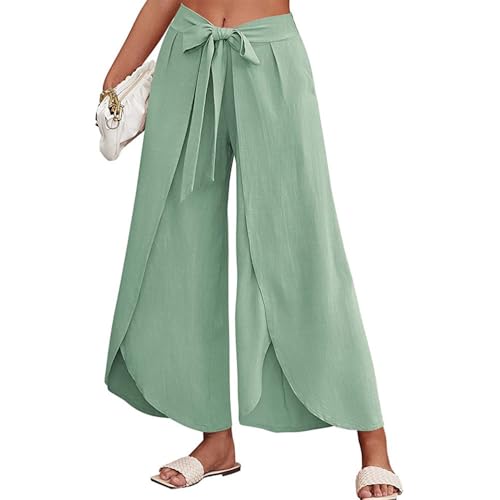 Wide Leg Tie Belted Linen Capri Pants for Women Casual High Waist Irregular Split Hem Palazzo Cropped Trousers - color: Green, size: Medium