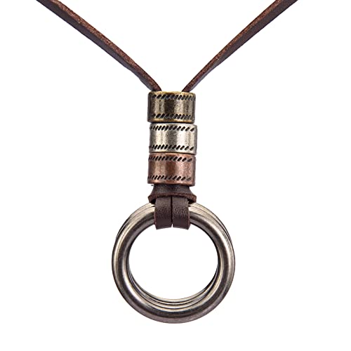 PU Leather Necklace Vintage Boho Style Multilayer Pendant Long Sweater Necklace Jewelry for Women Men with Adjustable Leather Cord - color: Leather Double Rings Necklace