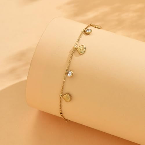 Gold Ankle Bracelets for Women 18K Gold Plated Waterproof Starfish Sea Shell Pearls CZ Diamond Dangle Anklets Trendy Summer Beach Foot Chain Jewelry Gift - style: Shell CZ Drop-Gold