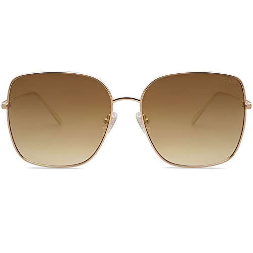 SOJOS Trendy Oversized Square Metal Frame Sunglasses for Women Men Retro Big Flat Lens UV Protection Sunglasses SJ1146 - color: Gold/Gradient Brown