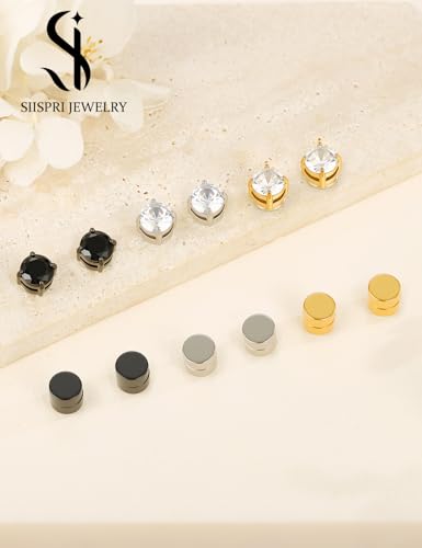 SIISPRI Magnetic Stud Earrings for Women Men Clip on Stud Earring Hypoallergenic Fake Earring Unisex Non Piercing CZ Halo Studs Diamond Earrings,Men's Aretes de lman - color: Black Gold Silver