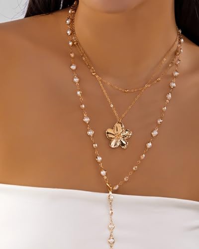 Layered Gold Flower Shell Pearl Necklaces for Women Long Pearl Y-Shaped Necklace Trendy Gold Flower Shell Pendant Necklace Dainty Pearls Choker Summer Jewelry Accessories Gift - color: A2:gold layered necklaces