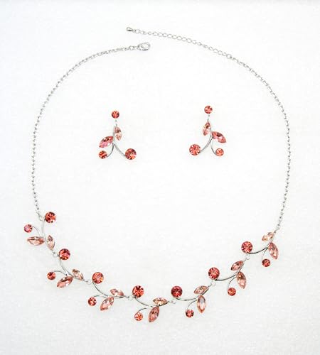 Faship Gorgeous Rhinestone Crystal Floral Necklace Earrings Set - color: Coral