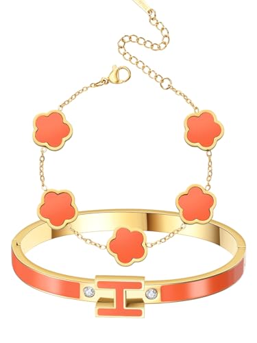 H Bangle & Clover Bracelet for Women - Stainless Steel Fashion Jewelry - 18K Gold Plated H Bangle and Lucky Five Leaf Clover Bracelet - Elegant Bracelets Set - Gift for Women - color: Gold-Orange Set
