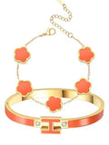 H Bangle & Clover Bracelet for Women - Stainless Steel Fashion Jewelry - 18K Gold Plated H Bangle and Lucky Five Leaf Clover Bracelet - Elegant Bracelets Set - Gift for Women - color: Gold-Orange Set