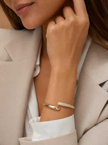Gold Cuff Bracelets for Women, 14K Gold Plated Open Cuff Bangle Bracelet with CZ Pave, Minimalist Stackable Chunky Gold Bracelet for Women - color: Gold CZ Cuff
