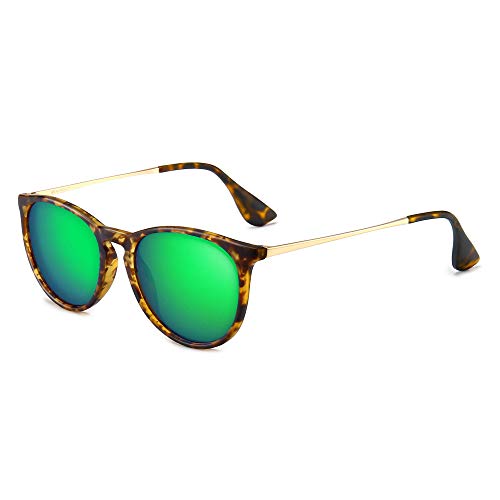 SUNGAIT Premium Vintage Round Sunglasses for Women Men Classic Retro Trendy Style - color: 15 Polarized Green Mirror Lens/Amber Frame(matte Finish)