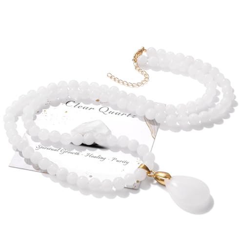 Healing Crystal Necklaces for Women Trendy Natural Stone Beaded Long Pendant Necklaces for Womens Handmade Bohemian Fashion Necklace Jewelry Gift - color: Clear Quartz