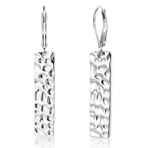 ALEXCRAFT Hammered Silver Dangle Earrings for Women, 14K Gold Plated French Leverback Earrings, Hypoallergenic Lightweight Statement Hammer Square Bar Long Drop Earing for Women Trendy Jewelry Gifts - color: SilverC