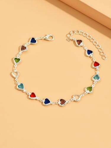 Heart Anklets for Women Crystal Tennis Chain Foot Jewelry Rhinestone Ankle Bracelets for Summer Beach Party - color: Silver/Multicolor